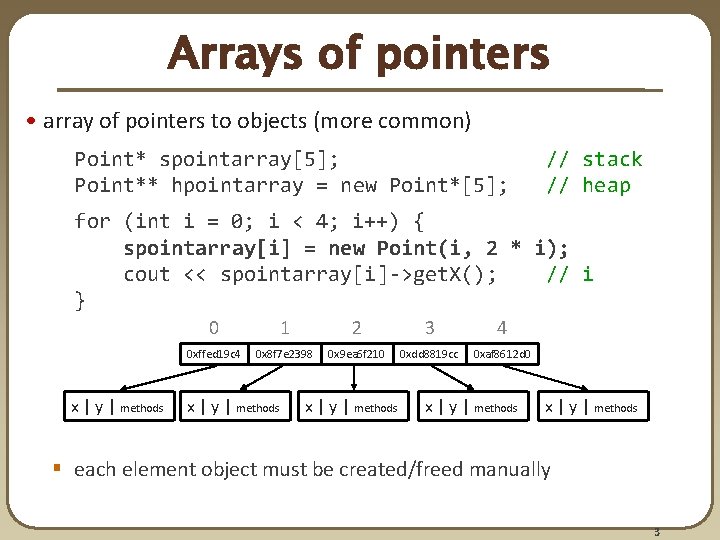 Arrays of pointers • array of pointers to objects (more common) Point* spointarray[5]; Point**