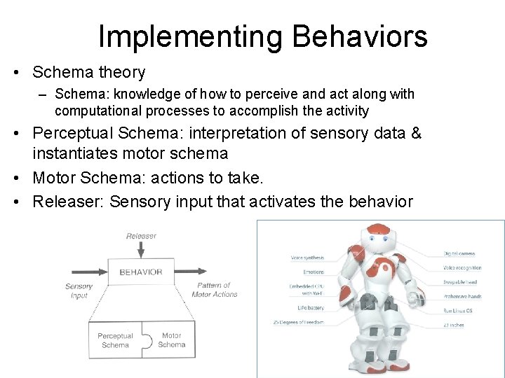 Implementing Behaviors • Schema theory – Schema: knowledge of how to perceive and act Implementing Behaviors • Schema theory – Schema: knowledge of how to perceive and act