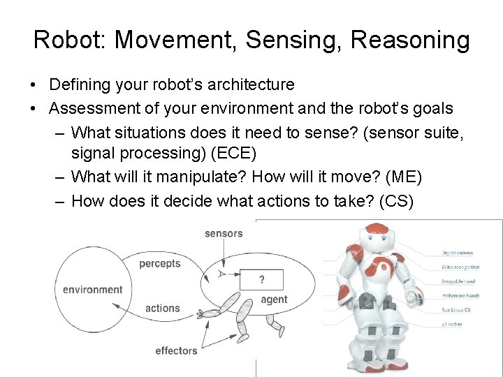 Robot: Movement, Sensing, Reasoning • Defining your robot’s architecture • Assessment of your environment Robot: Movement, Sensing, Reasoning • Defining your robot’s architecture • Assessment of your environment