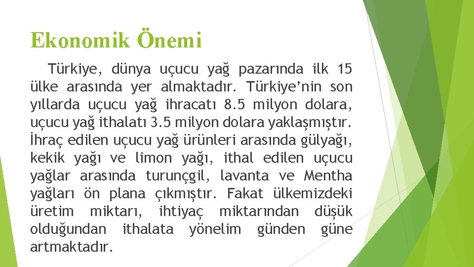 Ekonomik Önemi Türkiye, dünya uçucu yağ pazarında ilk 15 ülke arasında yer almaktadır. Türkiye’nin