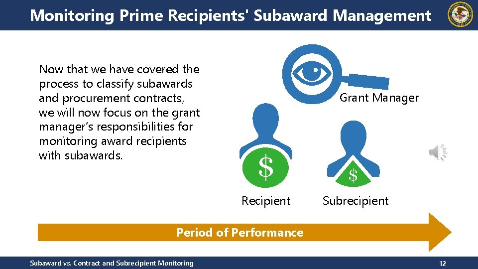 Monitoring Prime Recipients' Subaward Management Now that we have covered the process to classify