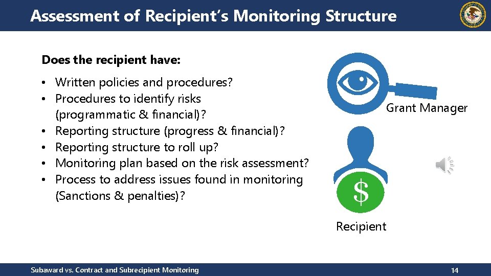 Assessment of Recipient’s Monitoring Structure Does the recipient have: • Written policies and procedures?