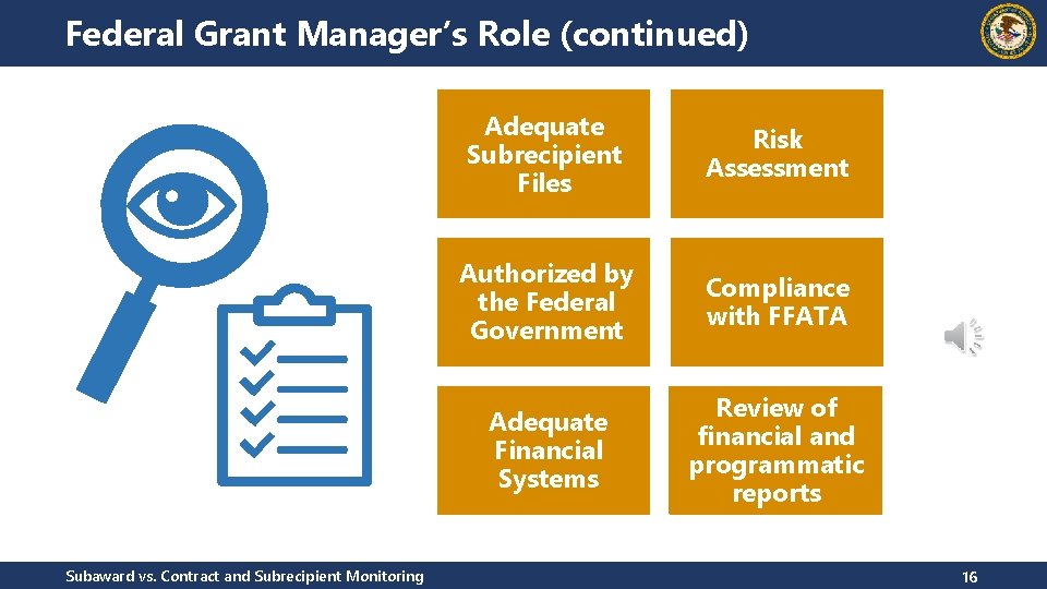 Federal Grant Manager’s Role (continued) Subaward vs. Contract and Subrecipient Monitoring Adequate Subrecipient Files