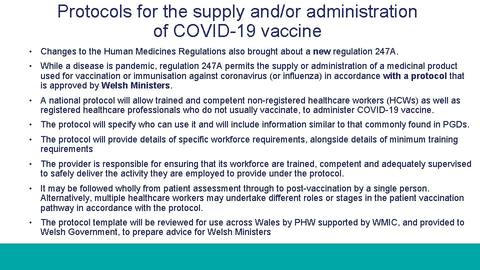 Protocols for the supply and/or administration of COVID-19 vaccine • Changes to the Human