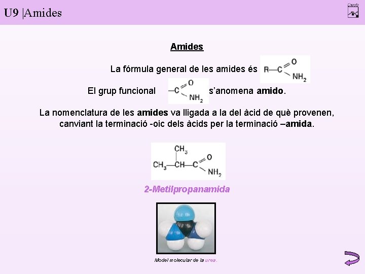 U 9 |Amides La fórmula general de les amides és. El grup funcional s’anomena