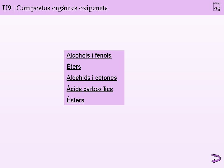 U 9 | Compostos orgànics oxigenats Alcohols i fenols Èters Aldehids i cetones Àcids