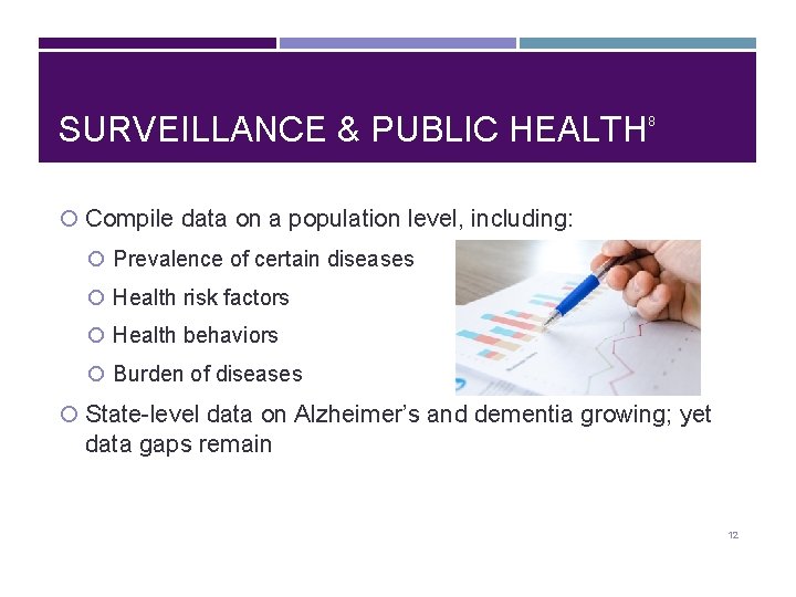 SURVEILLANCE & PUBLIC HEALTH 8 Compile data on a population level, including: Prevalence of