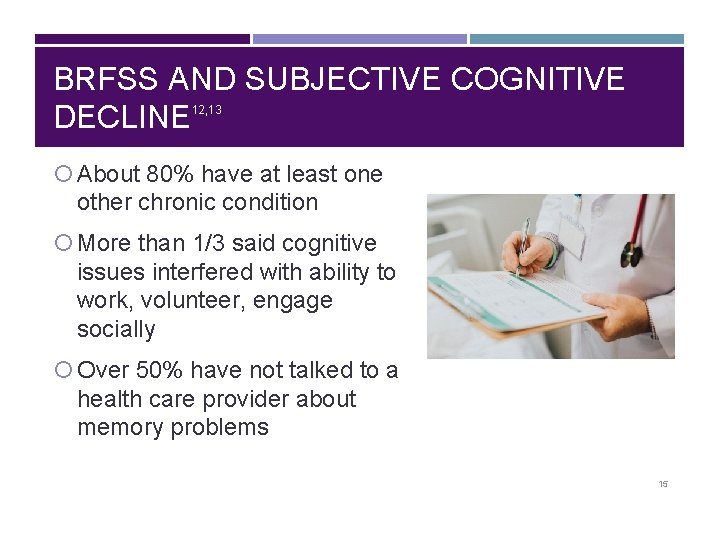 BRFSS AND SUBJECTIVE COGNITIVE DECLINE 12, 13 About 80% have at least one other