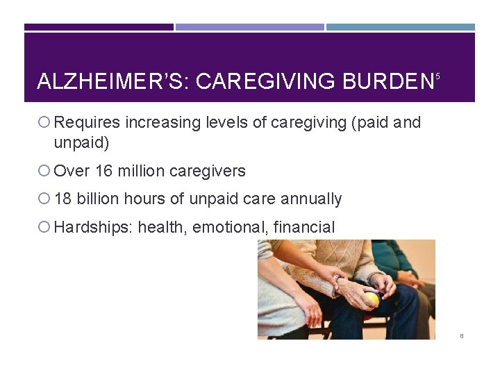 ALZHEIMER’S: CAREGIVING BURDEN 5 Requires increasing levels of caregiving (paid and unpaid) Over 16