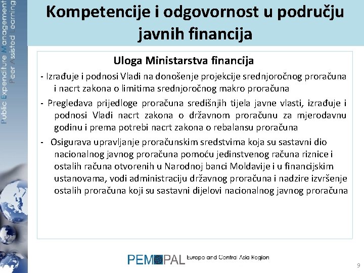 Kompetencije i odgovornost u području javnih financija Uloga Ministarstva financija - Izrađuje i podnosi