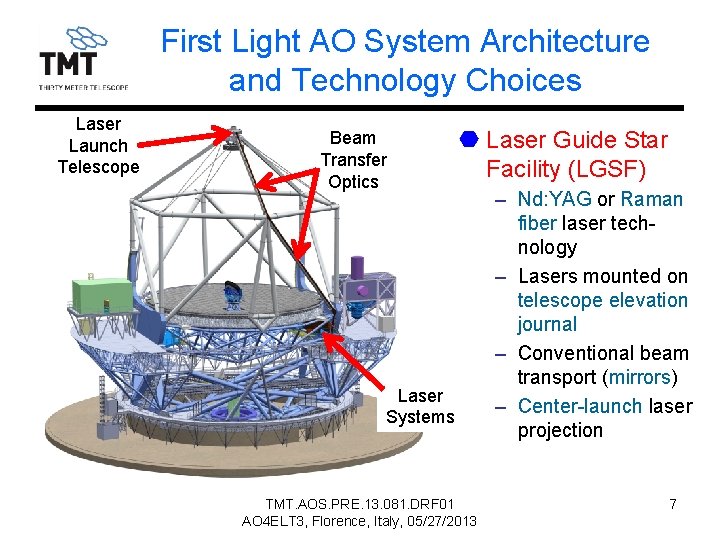 First Light AO System Architecture and Technology Choices Laser Launch Telescope Beam Transfer Optics
