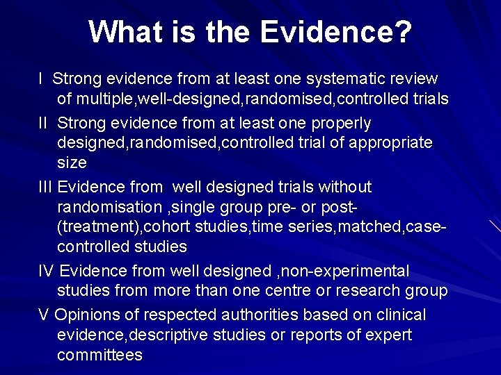 What is the Evidence? I Strong evidence from at least one systematic review of