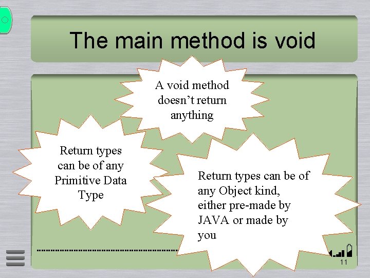 The main method is void A void method doesn’t return anything Return types can