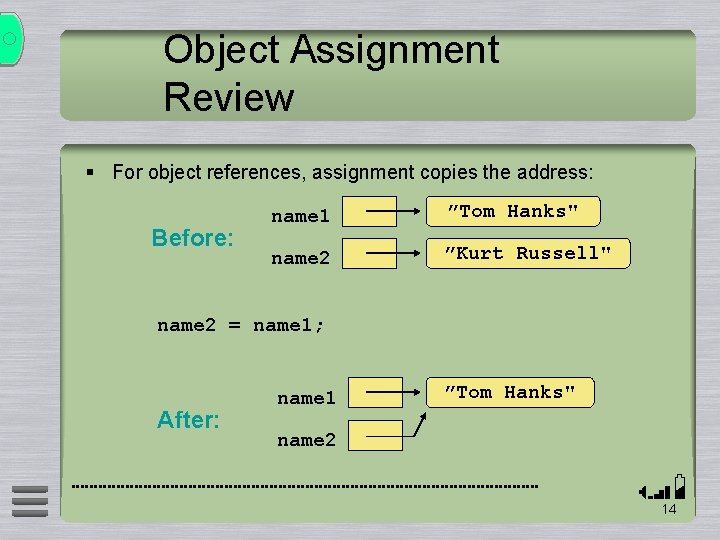 Object Assignment Review § For object references, assignment copies the address: Before: name 1
