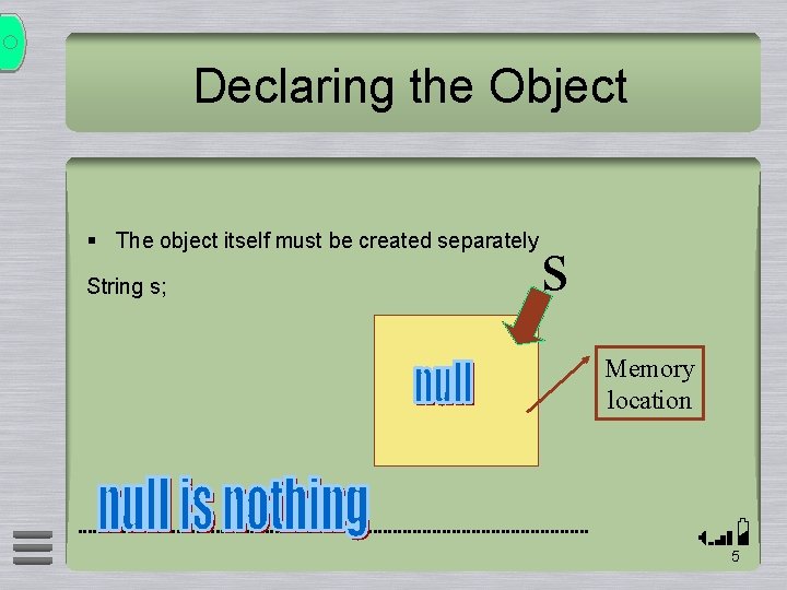 Declaring the Object § The object itself must be created separately String s; s
