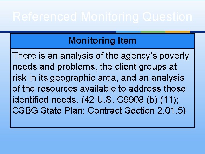 Referenced Monitoring Question Monitoring Item There is an analysis of the agency’s poverty needs