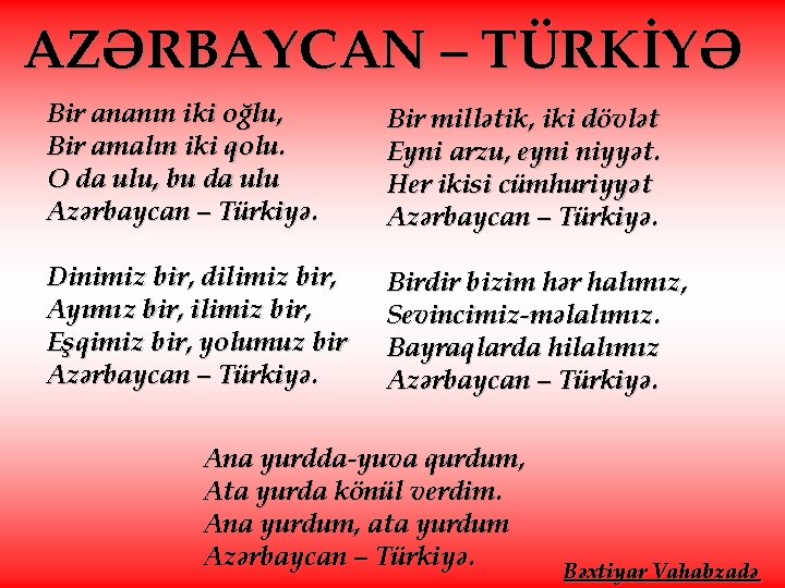 AZƏRBAYCAN – TÜRKİYƏ Bir ananın iki oğlu, Bir amalın iki qolu. O da ulu,