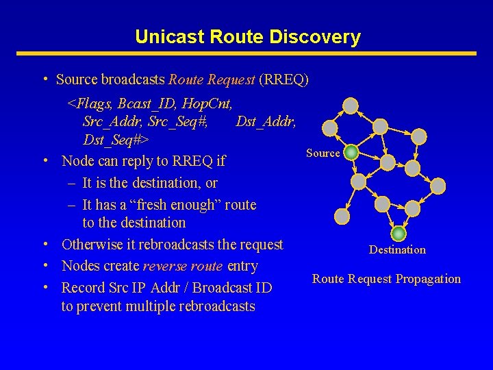 Unicast Route Discovery • Source broadcasts Route Request (RREQ) • • <Flags, Bcast_ID, Hop.