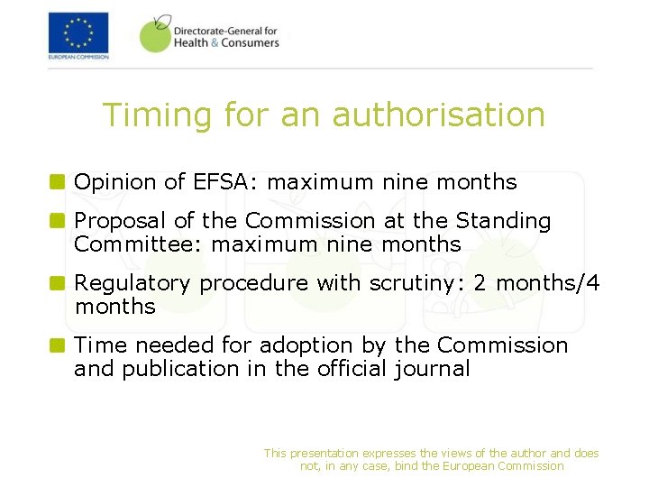 Timing for an authorisation Opinion of EFSA: maximum nine months Proposal of the Commission