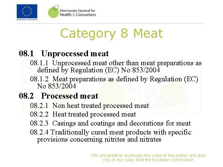 Category 8 Meat 08. 1 Unprocessed meat 08. 1. 1 Unprocessed meat other than