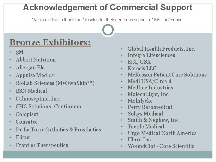 Acknowledgement of Commercial Support We would like to thank the following for their generous