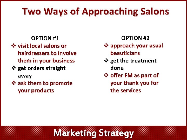 Two Ways of Approaching Salons OPTION #1 v visit local salons or hairdressers to