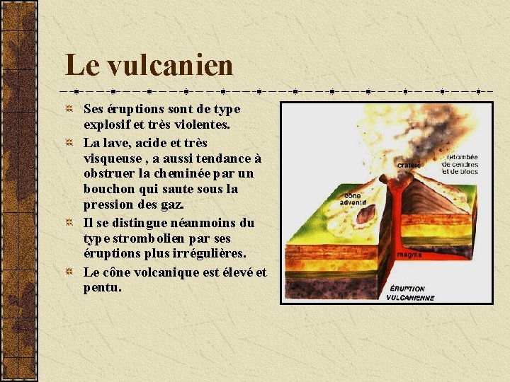 Le vulcanien Ses éruptions sont de type explosif et très violentes. La lave, acide