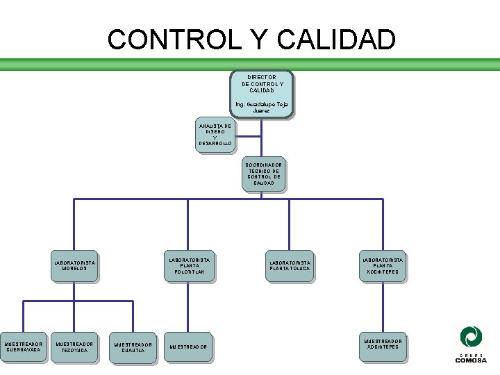 CONTROL Y CALIDAD DIRECTOR DE CONTROL Y CALIDAD Ing. Guadalupe Teja Juarez ANALISTA DE