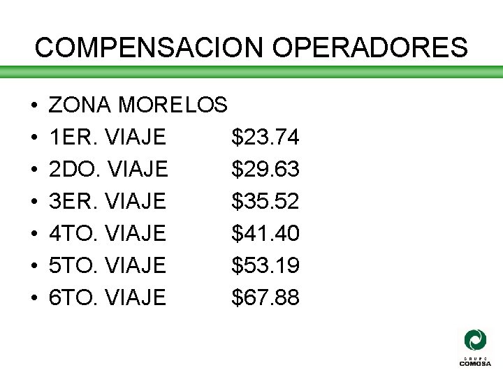 COMPENSACION OPERADORES • • ZONA MORELOS 1 ER. VIAJE $23. 74 2 DO. VIAJE
