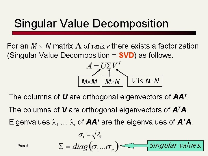 Singular Value Decomposition For an M N matrix A of rank r there exists