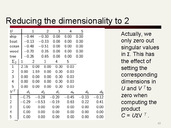 Reducing the dimensionality to 2 62 Actually, we only zero out singular values in