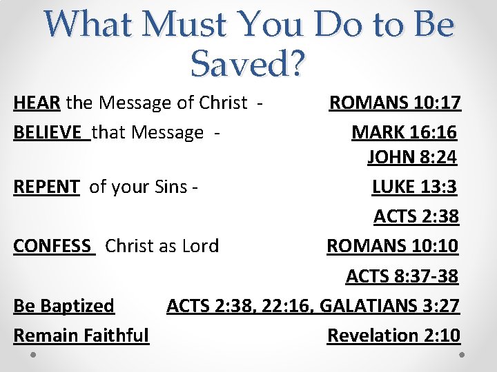 What Must You Do to Be Saved? HEAR the Message of Christ BELIEVE that