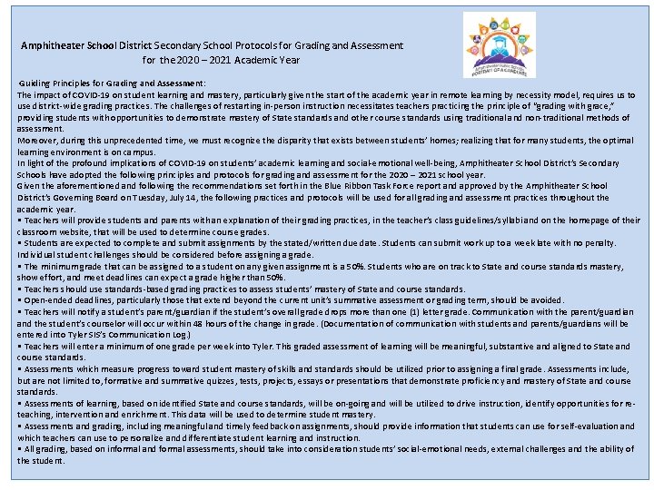 Amphitheater School District Secondary School Protocols for Grading and Assessment for the 2020 – Amphitheater School District Secondary School Protocols for Grading and Assessment for the 2020 –