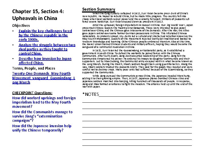 Chapter 15, Section 4: Upheavals in China Objectives • Explain the key challenges faced