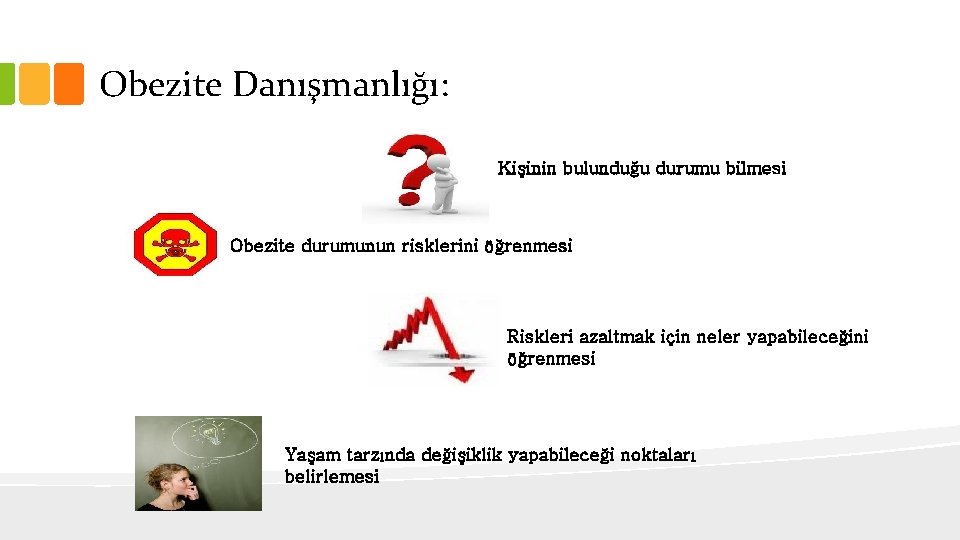 Obezite Danışmanlığı: Kişinin bulunduğu durumu bilmesi Obezite durumunun risklerini öğrenmesi Riskleri azaltmak için neler