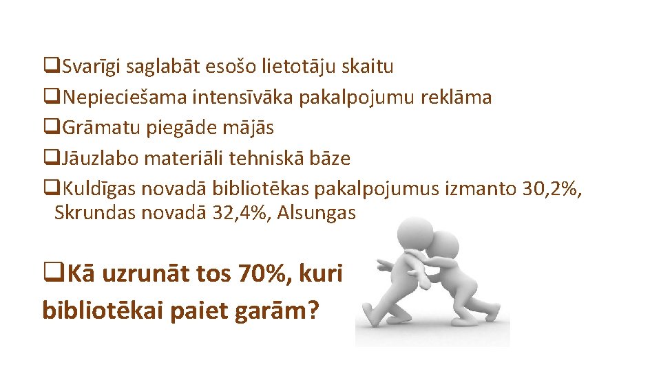 q. Svarīgi saglabāt esošo lietotāju skaitu q. Nepieciešama intensīvāka pakalpojumu reklāma q. Grāmatu piegāde