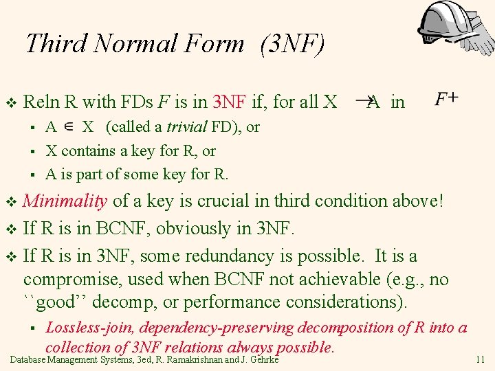 Third Normal Form (3 NF) v Reln R with FDs F is in 3