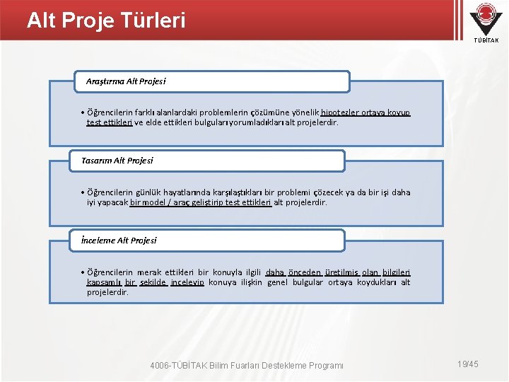 Alt Proje Türleri TÜBİTAK Araştırma Alt Projesi • Öğrencilerin farklı alanlardaki problemlerin çözümüne yönelik Alt Proje Türleri TÜBİTAK Araştırma Alt Projesi • Öğrencilerin farklı alanlardaki problemlerin çözümüne yönelik