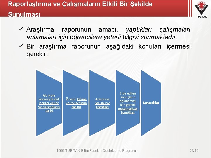 Raporlaştırma ve Çalışmaların Etkili Bir Şekilde Sunulması TÜBİTAK ü Araştırma raporunun amacı, yaptıkları çalışmaları