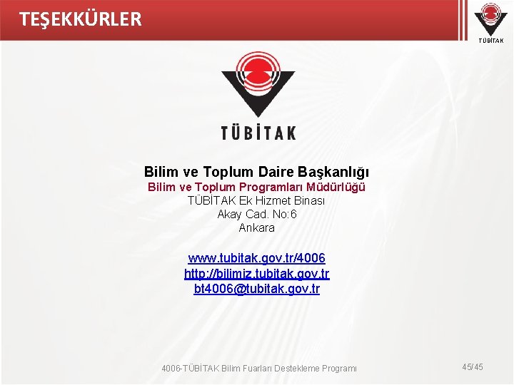 TEŞEKKÜRLER TÜBİTAK Bilim ve Toplum Daire Başkanlığı Bilim ve Toplum Programları Müdürlüğü TÜBİTAK Ek