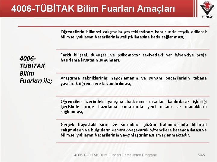 4006 -TÜBİTAK Bilim Fuarları Amaçları TÜBİTAK Öğrencilerin bilimsel çalışmalar gerçekleştirme konusunda teşvik edilerek bilimsel