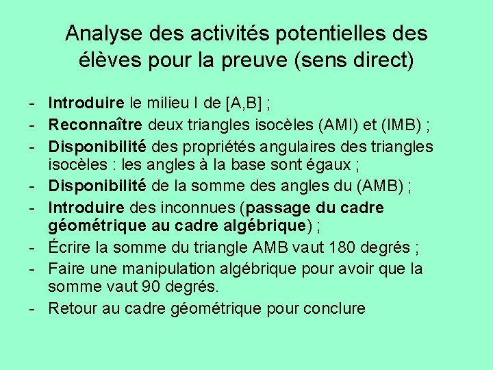 Analyse des activités potentielles des élèves pour la preuve (sens direct) - Introduire le