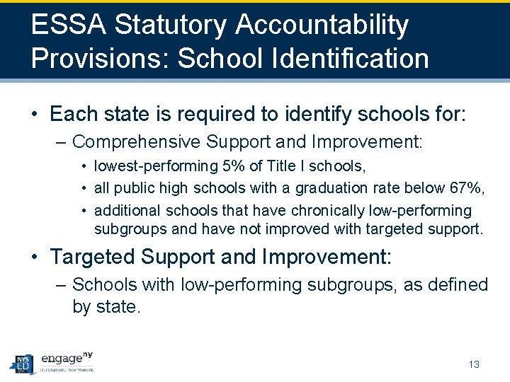 ESSA Statutory Accountability Provisions: School Identification • Each state is required to identify schools