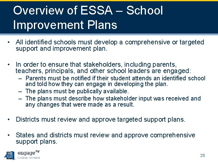 Overview of ESSA – School Improvement Plans • All identified schools must develop a