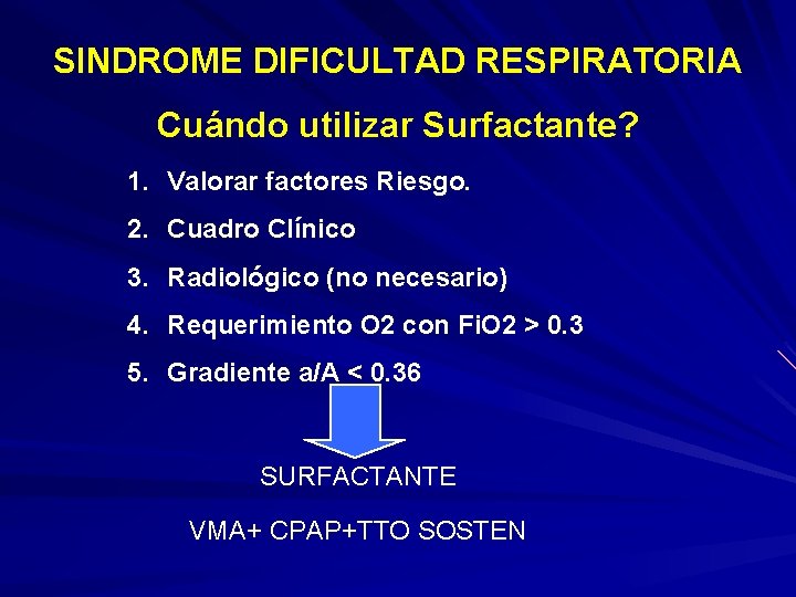 SINDROME DIFICULTAD RESPIRATORIA Cuándo utilizar Surfactante? 1. Valorar factores Riesgo. 2. Cuadro Clínico 3.