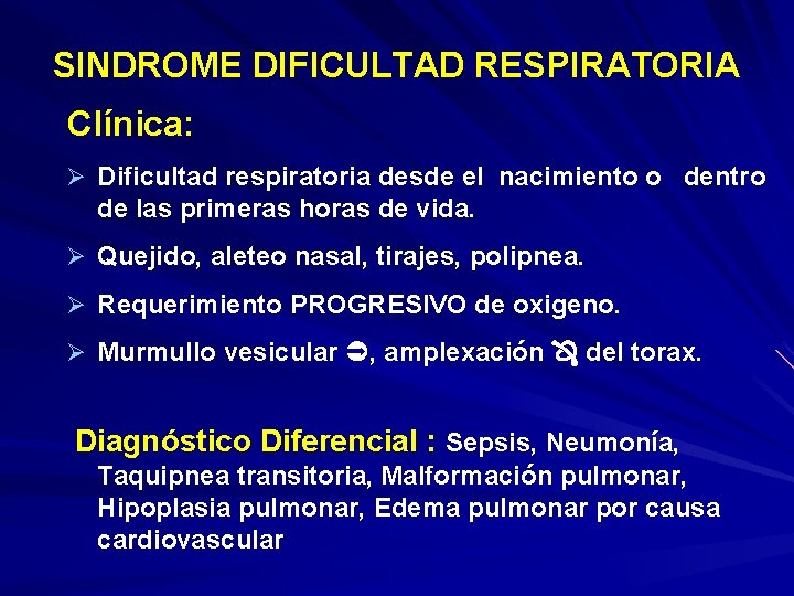 SINDROME DIFICULTAD RESPIRATORIA Clínica: Ø Dificultad respiratoria desde el nacimiento o dentro de las