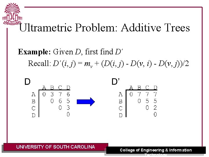 Ultrametric Problem: Additive Trees Example: Given D, first find D´ Recall: D´(i, j) =