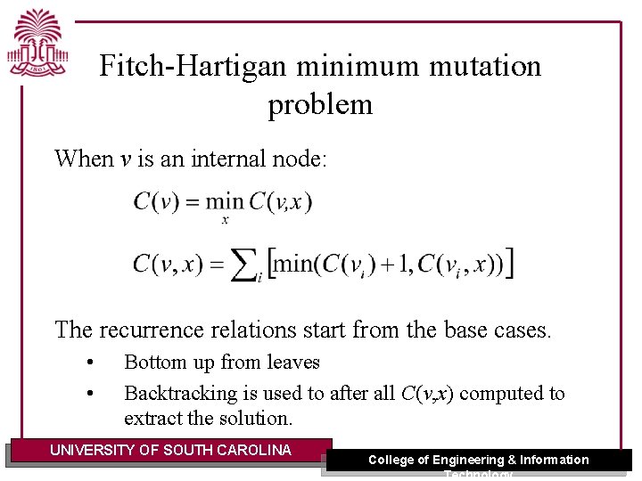 Fitch-Hartigan minimum mutation problem When v is an internal node: The recurrence relations start