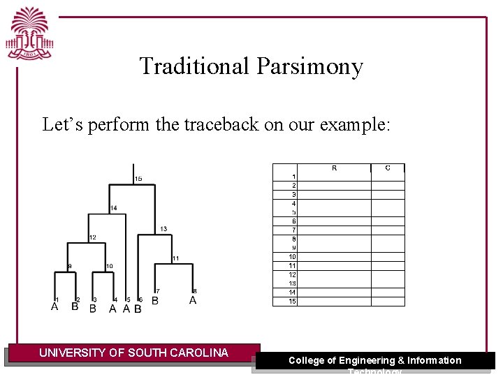 Traditional Parsimony Let’s perform the traceback on our example: UNIVERSITY OF SOUTH CAROLINA College