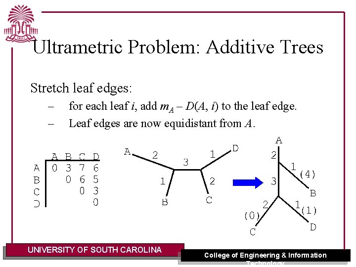 Ultrametric Problem: Additive Trees Stretch leaf edges: – – for each leaf i, add